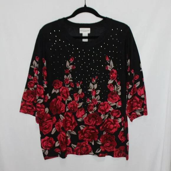 Rebecca Malone Woman Red and Tan Roses on a Black Crew Neck Sweater - Picture 6 of 14